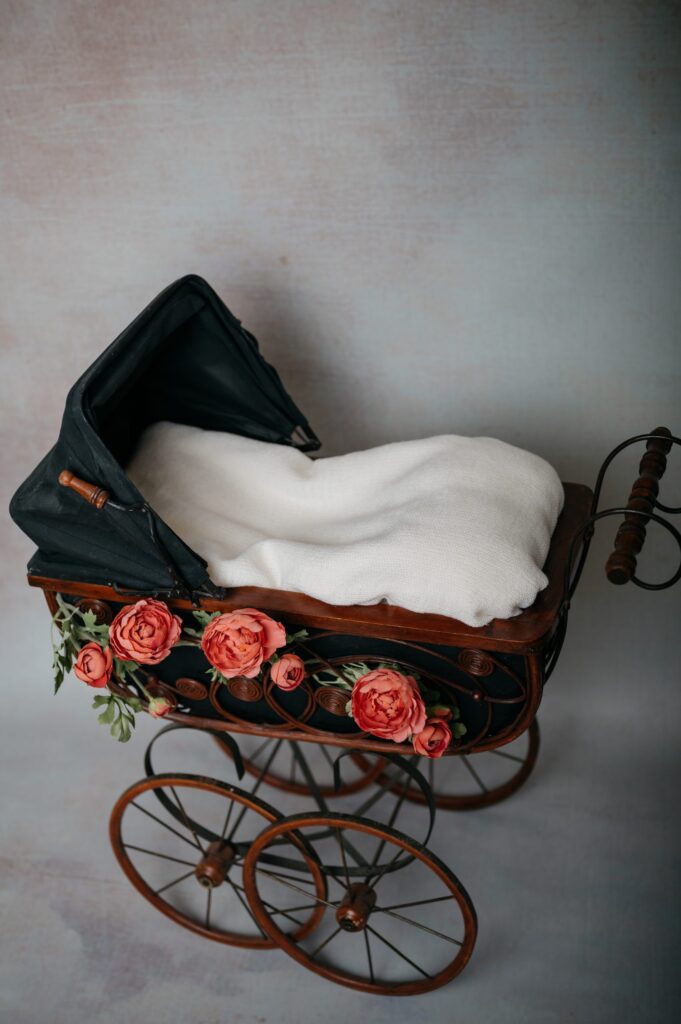 Set mit Bettchen, Kiste, Schaukel oder Kinderwagen im Fotostudio in Denkendorf